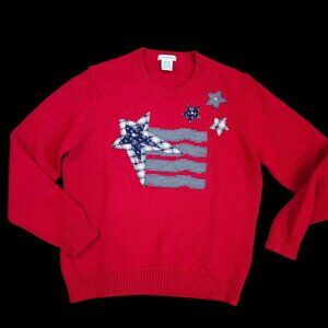Y2K Patriotic‎ USA Flag Sweater Sz M  Cotton Rustic Primitive Country Red Stars